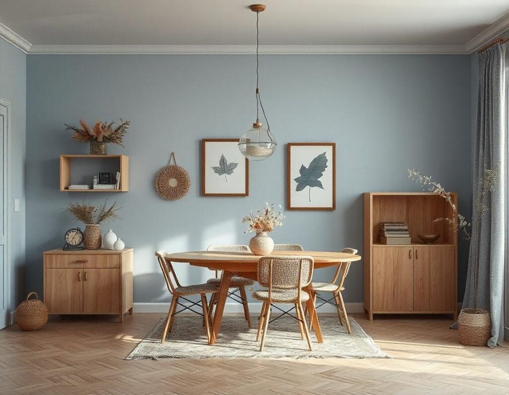 Dining room in soft blue tones with natural wood details