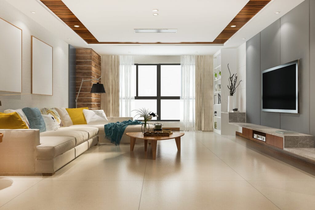 Living room with light floor, wooden finish on the ceiling, white wall